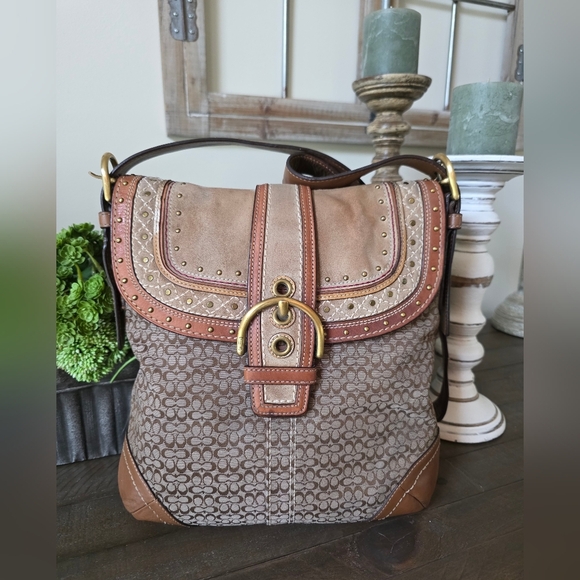 Coach SOHO 2007 Signature C Shoulder/Crossbody Brown Leather Suede Rivet Flap - Picture 1 of 16